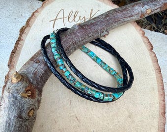 Turquoise Leather Triple Wrap Bracelet • Heishi or Rondelle • Sterling Silver Unisex Boho Jewelry