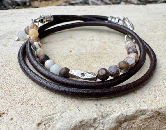 Petrified opal wood half cuff leather bracelet