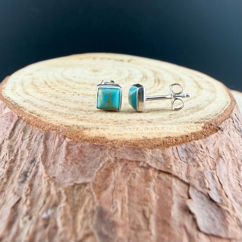 5mm Turquoise Stud Earrings Sterling Silver • Kingman Turquoise Blue Green Cabochon Posts Shiny polished