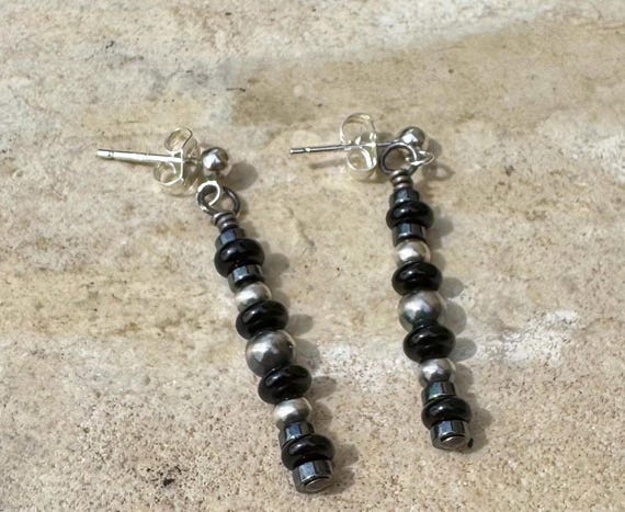 Navajo pearls with hematite and black onyx dangle drop post earrings / tiny sterling silver drop earrings