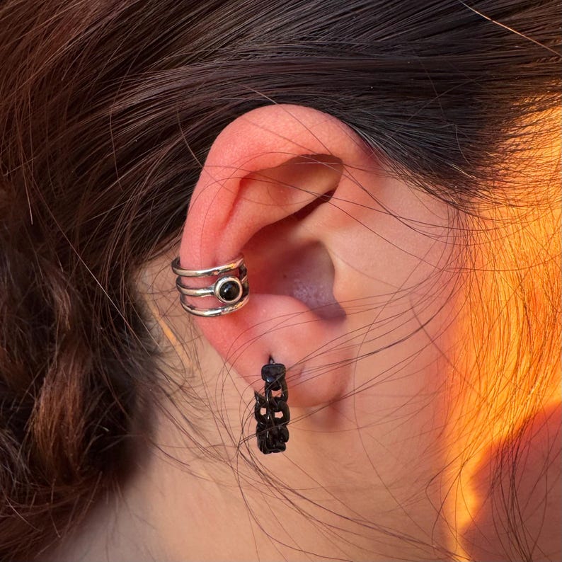 Sterling Silver 3mm Black Onyx Ear Cuff | Wide Conch Band | No-Piercing Earring image 5