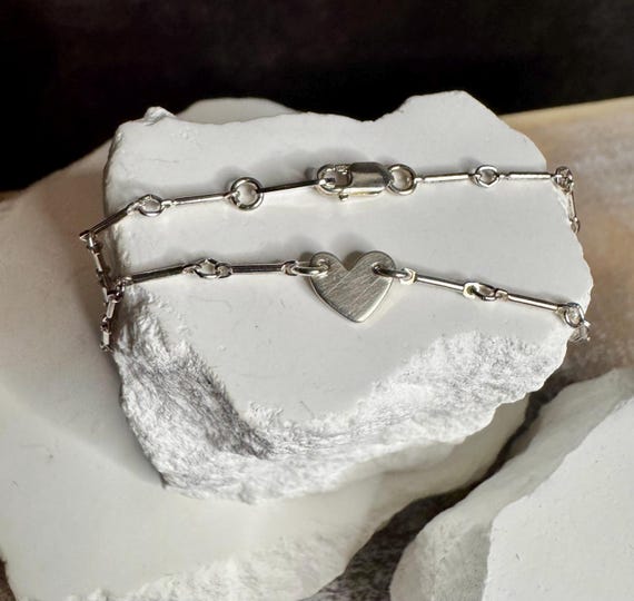 Sterling Silver Ankle Bracelet with Tiny Heart Connector, Monogram Charm Ankle Bracelet, Personalized Gift, Dainty Jewelry
