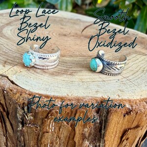 May include: Two silver rings with turquoise stones. The left ring features a shiny finish with loop lace detailing. The right ring has an oxidized finish with a smooth bezel. Text reads: Loop Lace Bezel Shiny, Smooth Bezel Oxidized, Photo for variation examples.