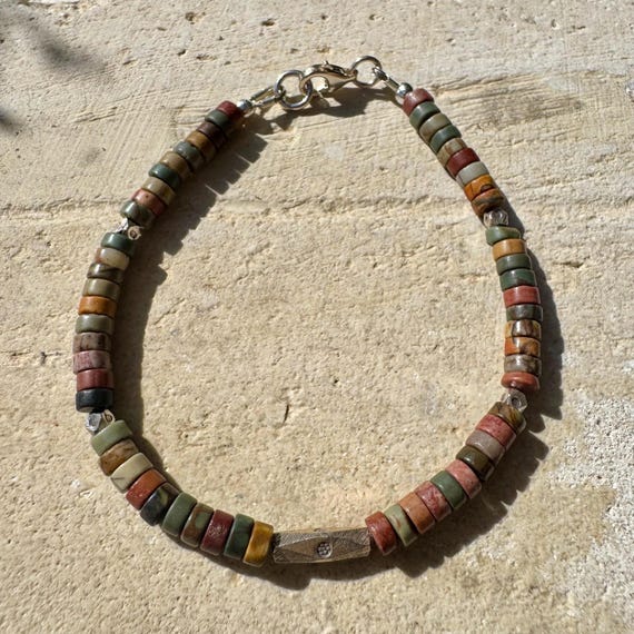 Red Creek Picasso Jasper Bracelet, Sterling Silver Beaded Bracelet, Gemstone Jewelry, Jasper Gemstone, Gift for Her