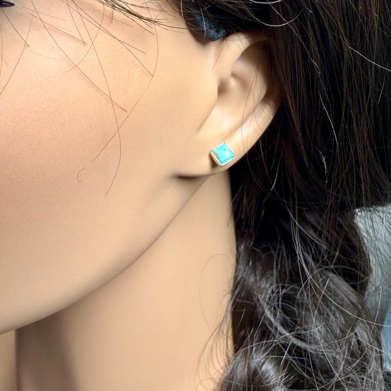 5mm Turquoise Stud Earrings Sterling Silver • Kingman Turquoise Blue Green Cabochon Posts image 5