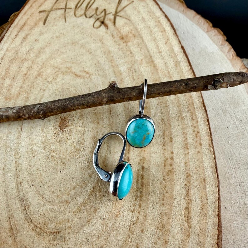 Kingman Turquoise Lever Back Earrings • 8×10 Oval Cabochon • Sterling Silver Gemstone Dangle Oxidized polished