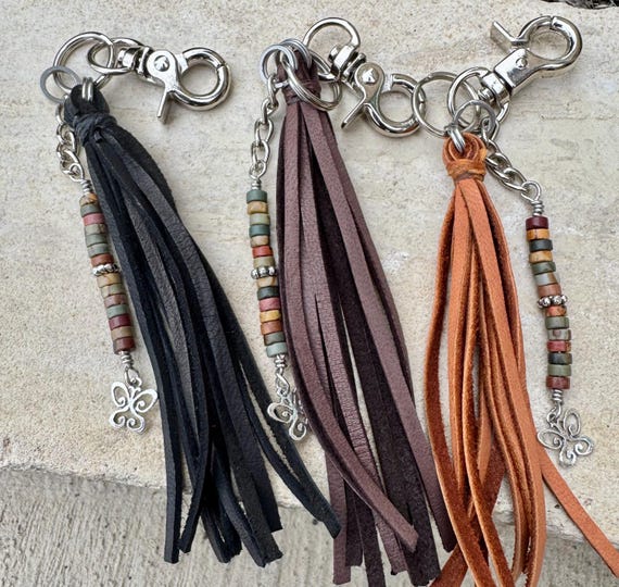 Leather handbag / purse tassel with Red Creek Picasso Jasper gemstones and sterling silver butterfly charm