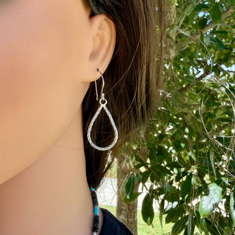 Sterling Silver Teardrop Drop Earrings – Rustic Twisted Wire Pattern image 9