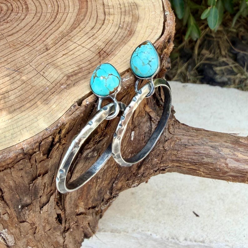 Sterling Silver Turquoise Hoop Post Earrings • 10x8mm Pear Number 8 Cabochon immagine 8
