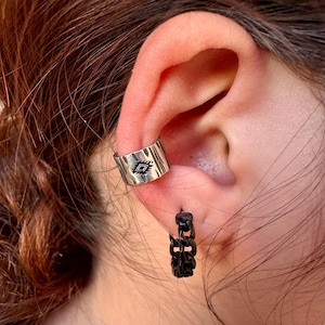 Sterling Silver Southwest Design Ear Cuff • Embossed Wide Conch Band • No Piercing Needed image 1
