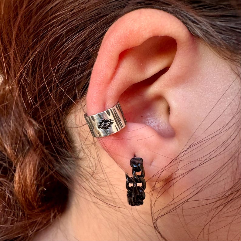 Sterling Silver Southwest Design Ear Cuff • Embossed Wide Conch Band • No Piercing Needed image 1