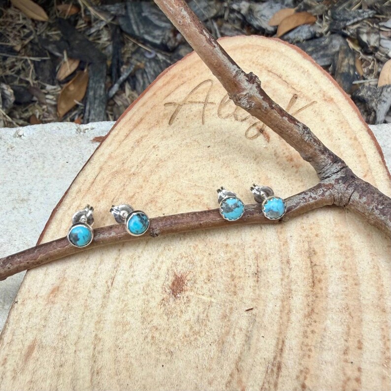 May include: Four pairs of turquoise stud earrings with silver settings are displayed on a wooden branch. The earrings have a round, polished turquoise stone. The branch rests on a wooden surface with the word "Alex" written on it.