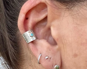 3mm Genuine Turquoise Sterling Silver Ear Cuff | Wide Conch Band | No-Piercing Earring