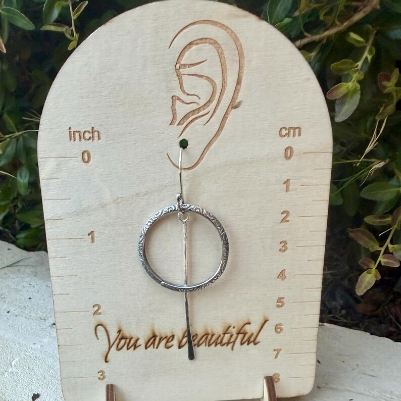 Rustic Sterling Silver Circle Dangle Earrings • Long Drop Style image 11