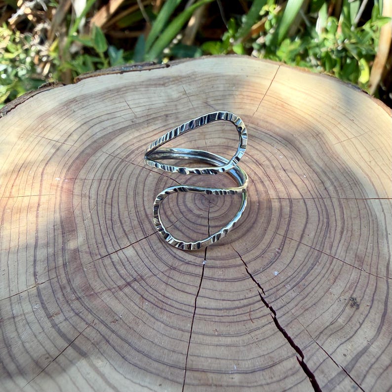 Sterling Loop Ring • Double Loop • Rustic Textured Adjustable Openwork Band image 9