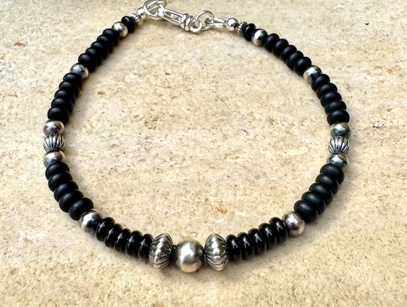 Navajo Pearl Bracelet, Black Onyx Bracelet, Sterling Silver Beaded Bracelet, Gemstone Jewelry, Native American Inspired