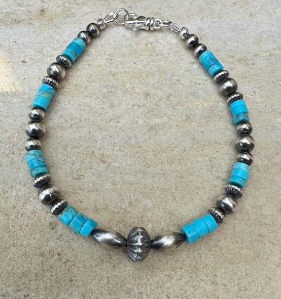 Turquoise Navajo Pearl Bracelet, Beaded Gemstone Sterling Silver Bracelet, Handmade Jewelry, Southwestern Style Bracelet