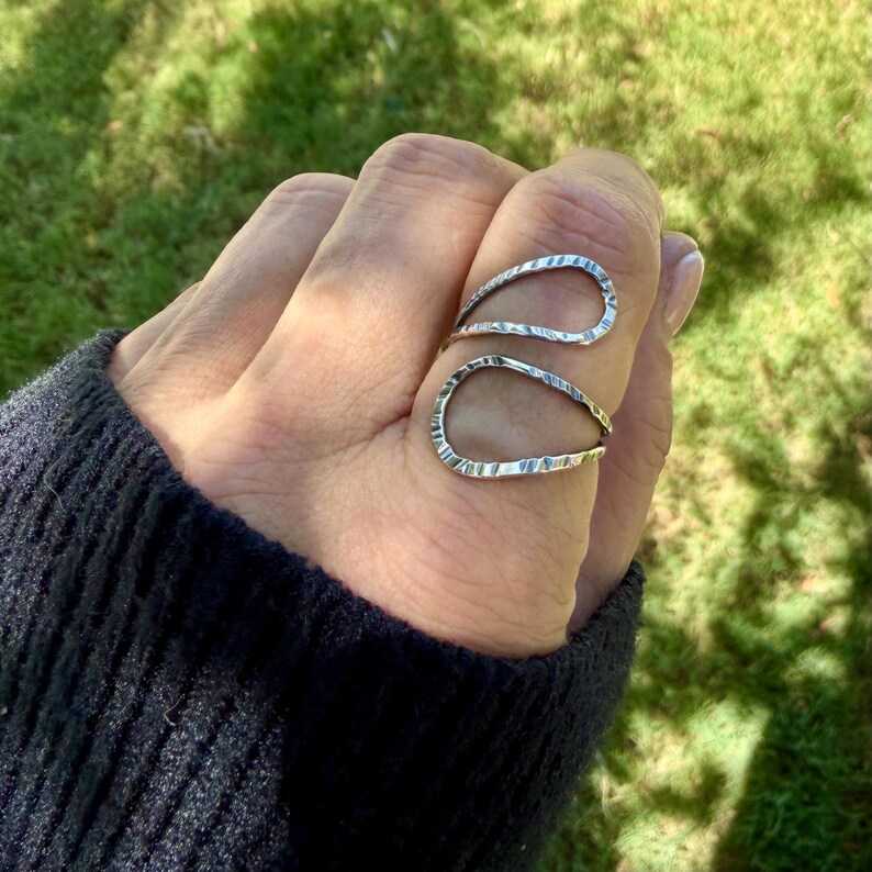 Sterling Loop Ring • Double Loop • Rustic Textured Adjustable Openwork Band image 7