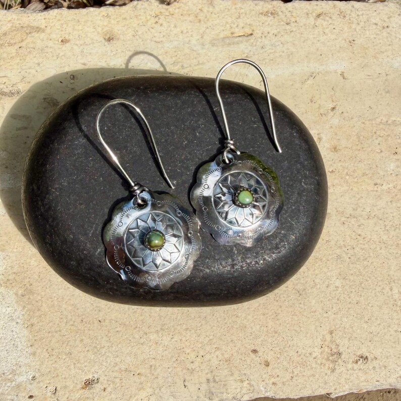 Sterling Sunflower Concho Earrings • Kingman Turquoise • 20mm Dangle image 4