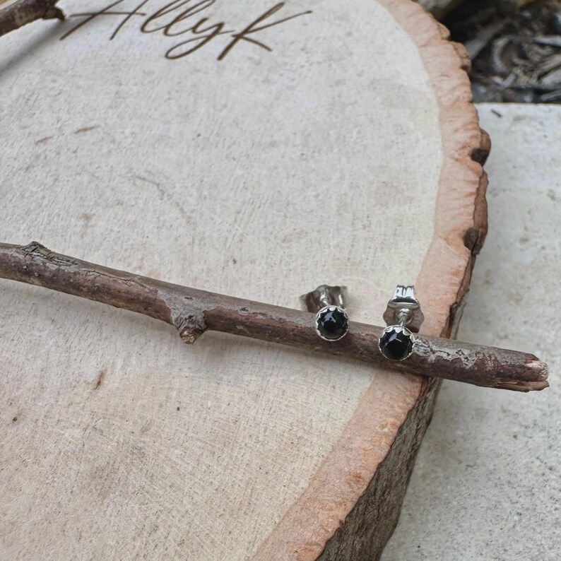 May include: A pair of silver stud earrings with black gemstone centers. The earrings are displayed on a wooden surface with a branch. The word "Allyk" is written in cursive on the wood.