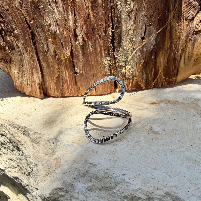 Sterling Loop Ring • Double Loop • Rustic Textured Adjustable Openwork Band image 8