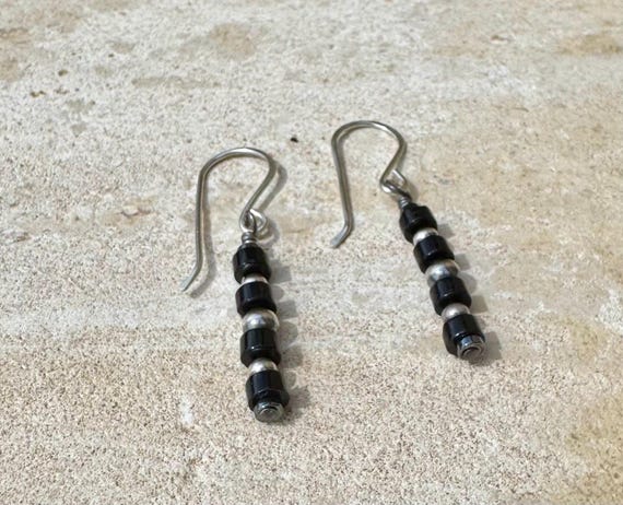 Navajo pearls with hematite and black onyx dangle drop earrings / tiny sterling silver drop earrings
