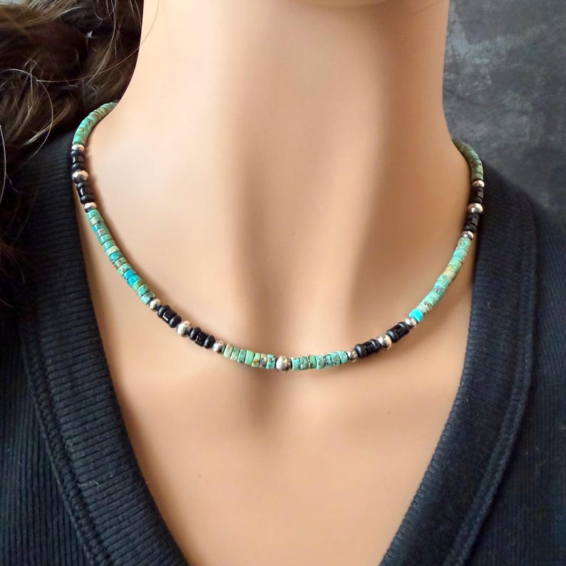 Gargantilla de perlas del desierto de turquesa y ónix • Collar de plata de ley estilo suroeste imagen 10