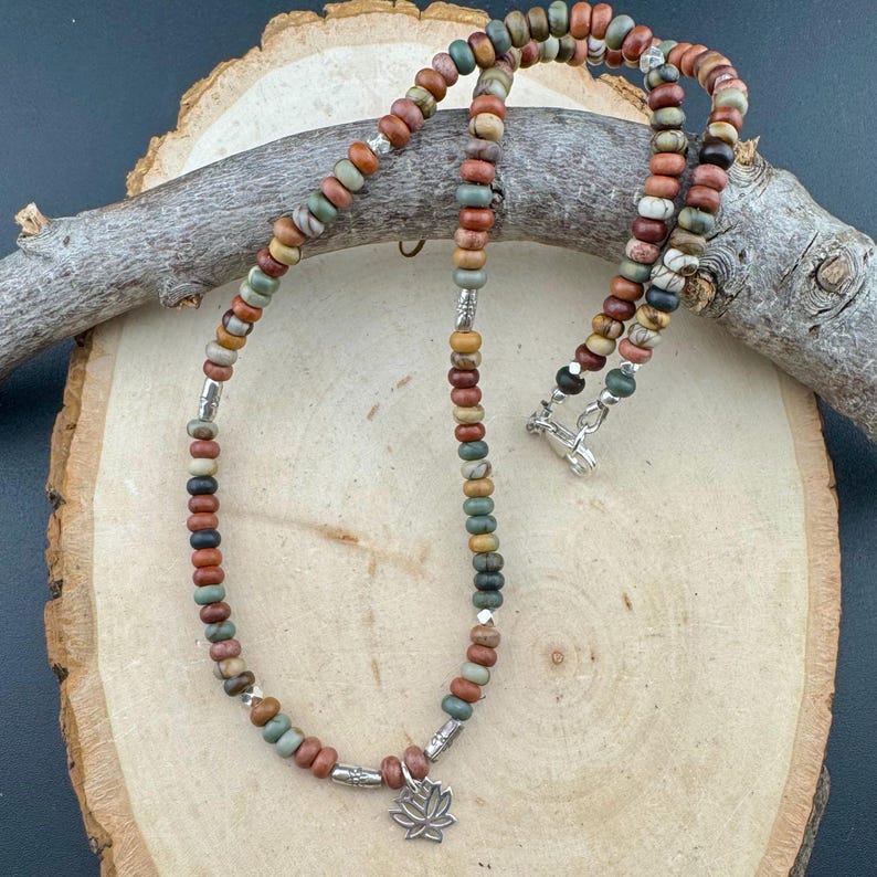Sterling Silver Picasso Jasper Lotus Pendant Necklace | Artisan Gemstone Jewelry image 3