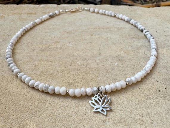 White Howlite Anklet with Lotus Flower Charm, Sterling Silver Gemstone Bracelet, Yoga Jewelry, Gift for Her, Nature Jewelry, Summer Anklet