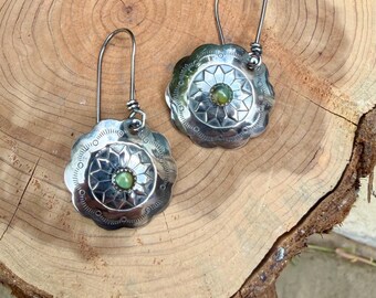 Sterling Sunflower Concho Earrings • Kingman Turquoise • 20mm Dangle