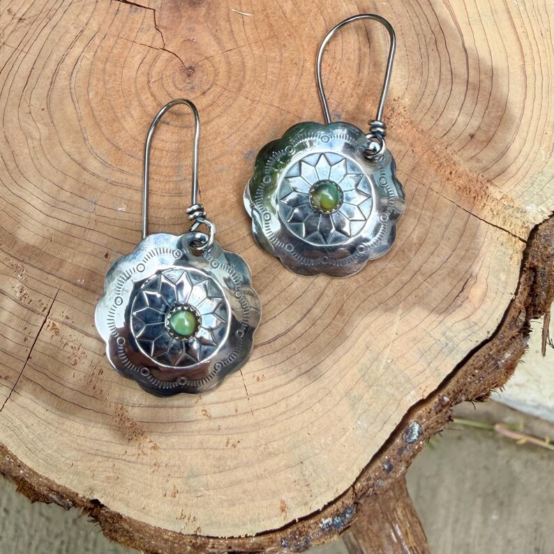 Sterling Sunflower Concho Earrings • Kingman Turquoise • 20mm Dangle image 1