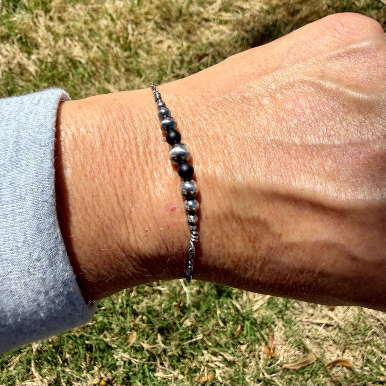 Desert Pearl & Onyx Graduated Bar Chain Bracelet | Sterling Silver Southwest Elegance image 5
