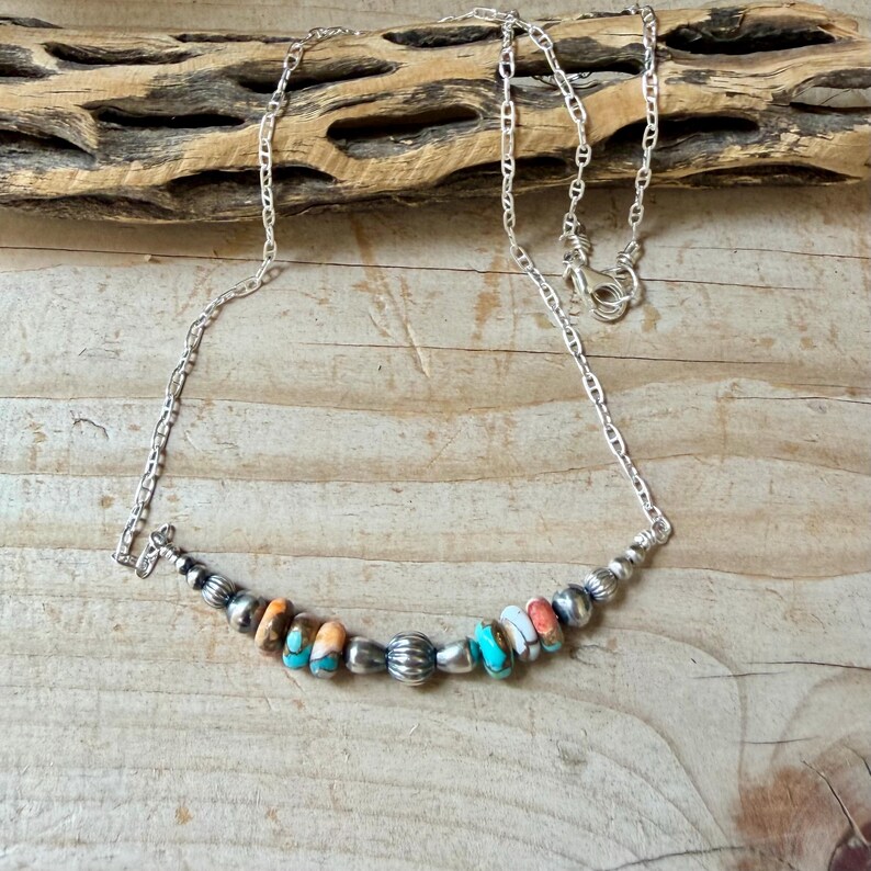 Spiny Oyster Turquoise Bar Necklace • Desert Pearls • Sterling Silver Southwest Necklace image 7