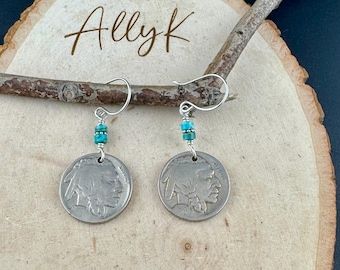 Southwestern Style Sterling Silver Earrings with Indian Buffalo Nickel and Turquoise