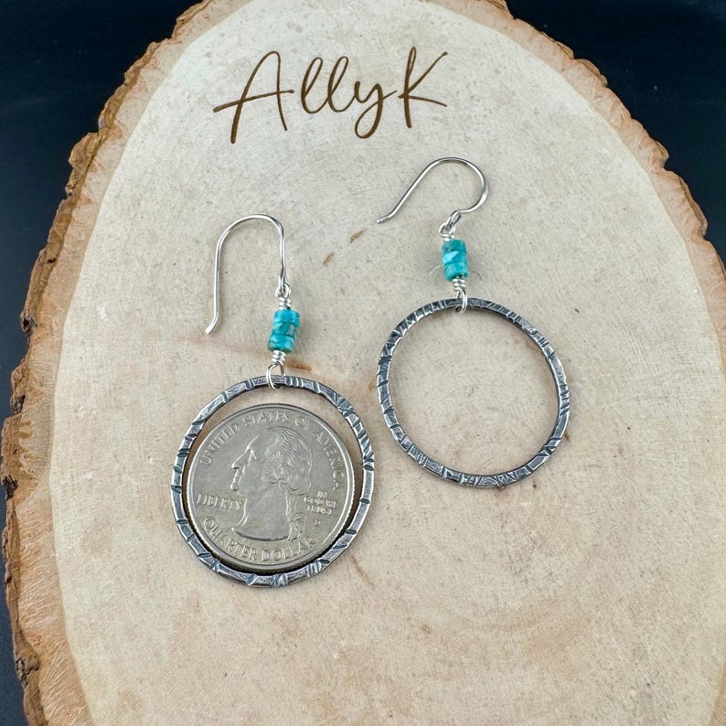 Pendientes circulares de plata de ley con turquesa: joyería artesanal hecha a mano. imagen 7