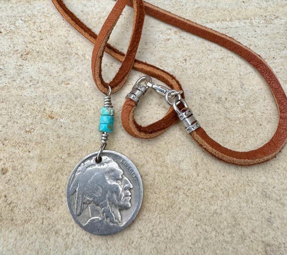 Indian head buffalo nickel on genuine deerskin single leather lace with turquoise gemstone