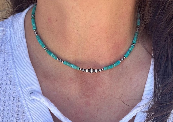 Navajo Pearl and Turquoise Necklace, Gemstone Beaded, Sterling Silver Choker, Authentic Native Made, Southwestern Necklace, Gift for her