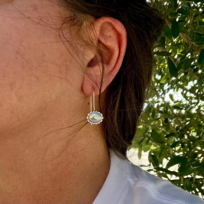 Sterling Silver Concho Earrings • Oval or Round Scalloped Drops • Argentium Ear Wires 18g 20g image 12
