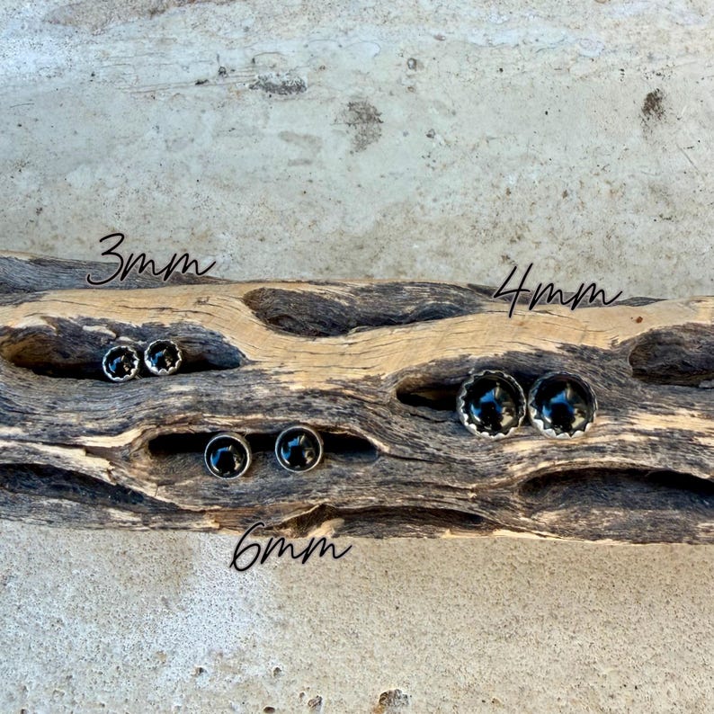 May include: A collection of three pairs of black stud earrings, each with a different size: 3mm, 4mm, and 6mm. The earrings are displayed on a piece of weathered wood. The earrings have a silver-colored, scalloped edge.