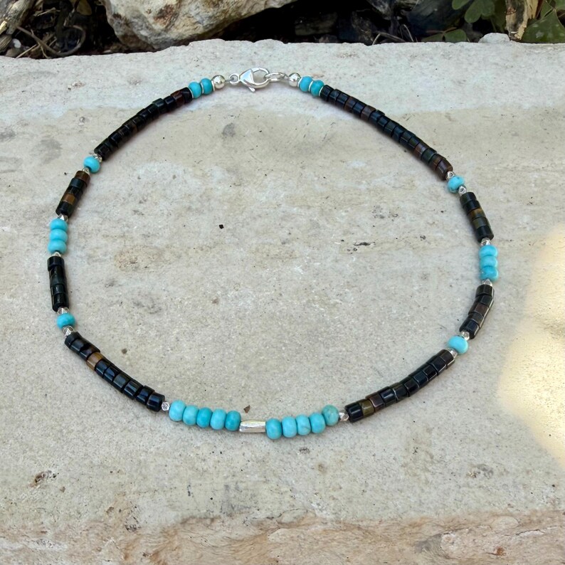 Blue Tiger’s Eye Turquoise Anklet • Sterling Silver Hawk’s Eye Ankle Bracelet image 6