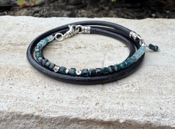 Tourmaline Paraiba Blue half cuff gemstone bracelet with double wrap leather