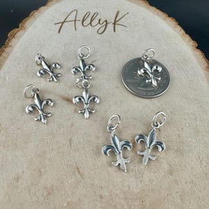 May include: Several small, silver-colored fleur-de-lis charms with attached loops for jewelry making. A U.S. quarter coin is included for size comparison. The charms are displayed on a light-colored, wooden surface. The name "Allyk" is written in cursive.