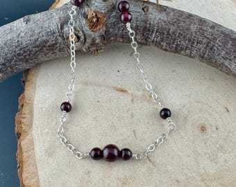 Garnet Gemstone Bracelet with Sterling Silver Cable Chain