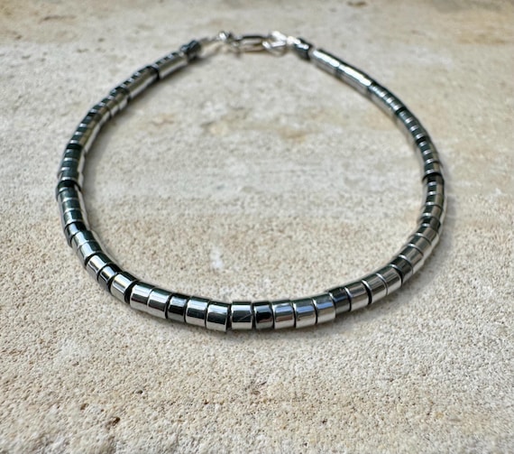 Hematite Sterling Silver Gemstone Bracelet, Beaded Hematite Bracelet, Mens Jewelry, Gift For Him, Healing Bracelet