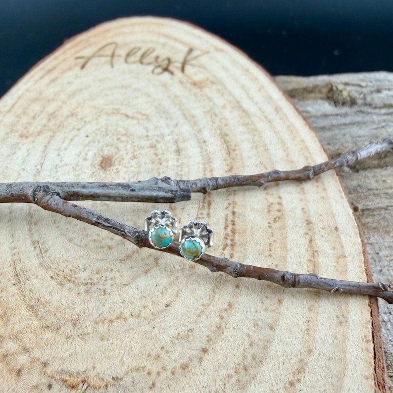 May include: A pair of small, silver-colored stud earrings with turquoise-colored centers. The earrings are set on a light brown wooden surface with a branch and the handwritten text "Ally K".