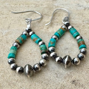 Turquoise Hoop Dangle Earrings, Navajo Pearl Teardrop Earrings, Sterling Silver Earrings, Turquoise Jewelry