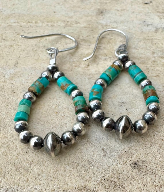 Turquoise hoop dangle and Navajo pearl teardrop style, sterling silver earrings / turquoise earrings