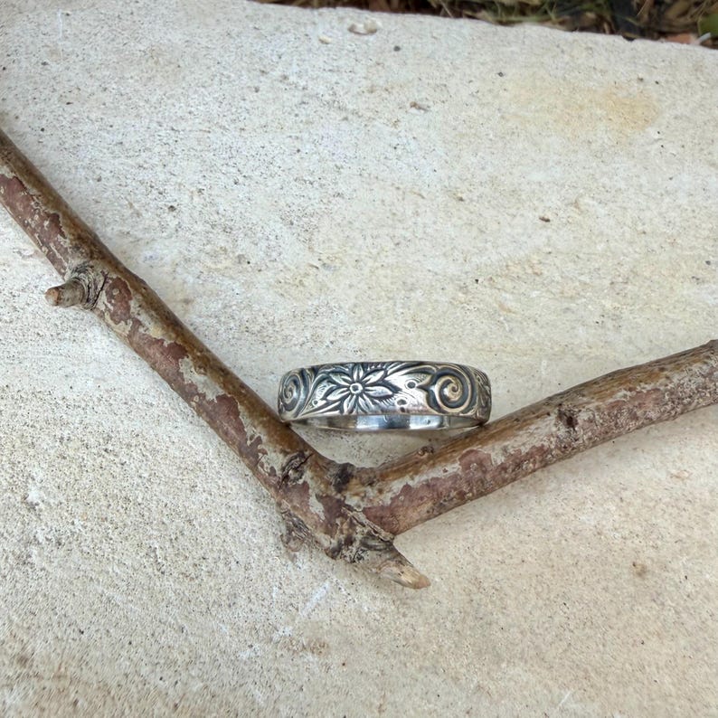 Sterling Silver Daisy Band Ring | Wide Band Elegance image 4