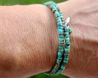 Turquoise Memory Wire Bracelet with Sterling Silver Feather Charm