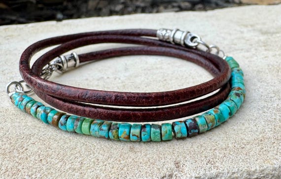 Turquoise Leather Wrap Bracelet, Genuine Leather Bracelet, Boho Bracelet, Artisan Jewelry, Leather Cuff, Gift Idea for Him or Her